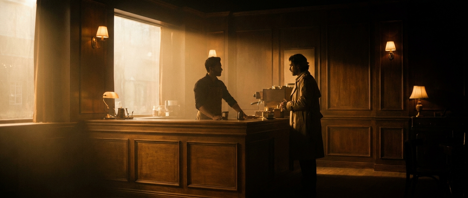 Veo 3.1 frame — cafe interior, barista talking to customer