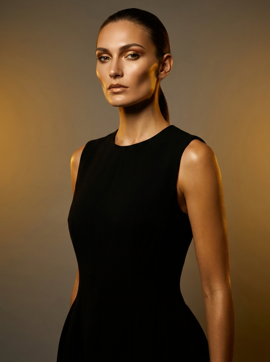 Fashion-портрет модели в чёрном платье, beauty dish свет